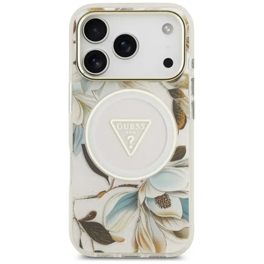 Чехол Guess IML Glitter Flowers Triangle MagSafe для iPhone 18 Pro Max / 17 Pro Max белый – 3