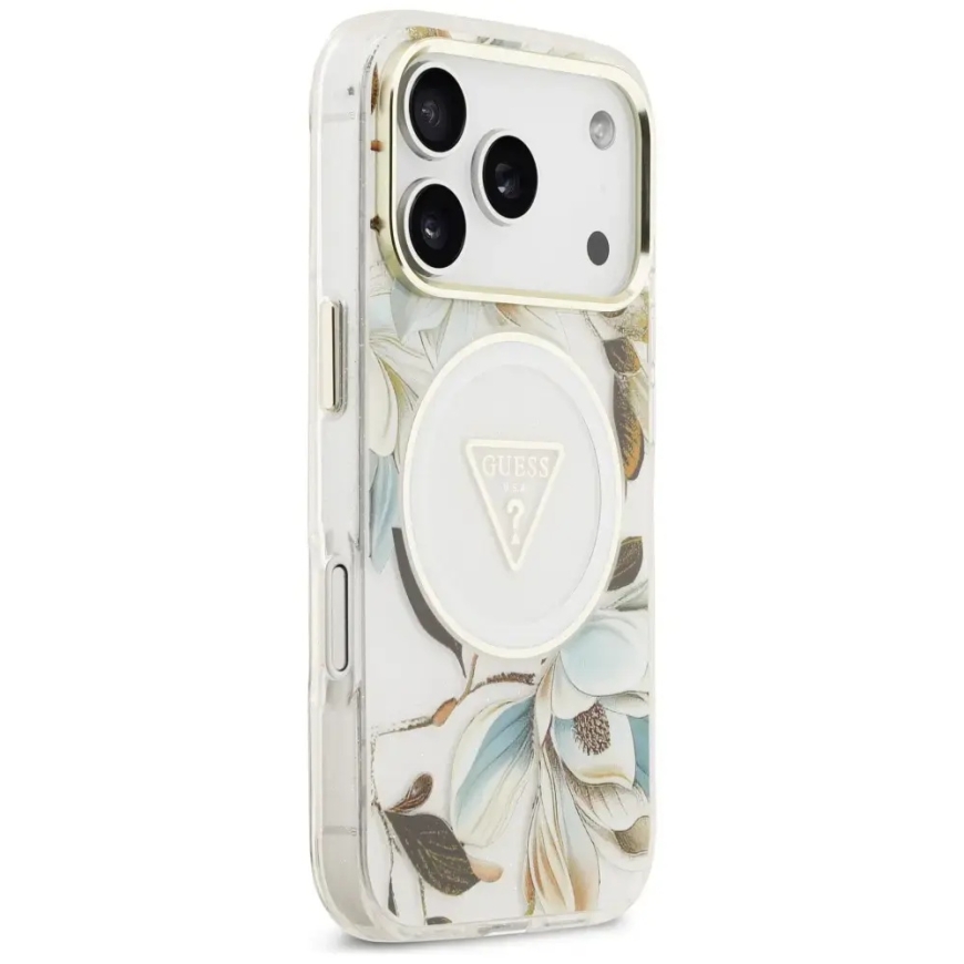 Vāks Guess IML Glitter Flowers Triangle MagSafe iPhone 18 Pro Max / 17 Pro Max baltā krāsā – 4