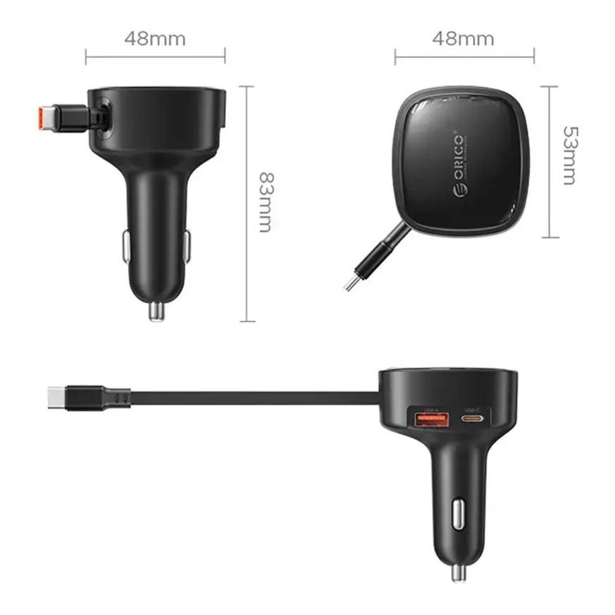 Orico FC-66-1A2C auto lādētājs ar iebūvētu izvelkamu USB-C vadu | 66W | USB-A, USB-C | melns – 2