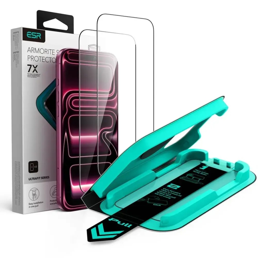 ESR UltraFit Armorite grūdintas apsauginis stiklas telefonui iPhone 17 Pro | iPhone 18 Pro su montavimo rėmeliu (2 vnt.)