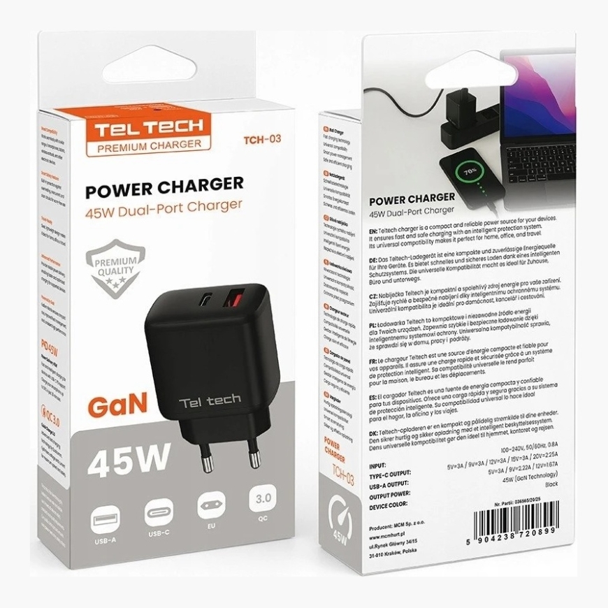 Teltech Network Charger GaN USB / Type-C 45W Black TCH-03 – 2