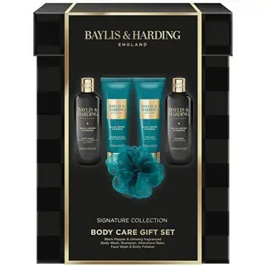 Baylis & Harding Signature Collection kehahoolduskomplekt (must pipar ja ženšenn) - Kingitus kehahoolduseks meestele (5 tk)