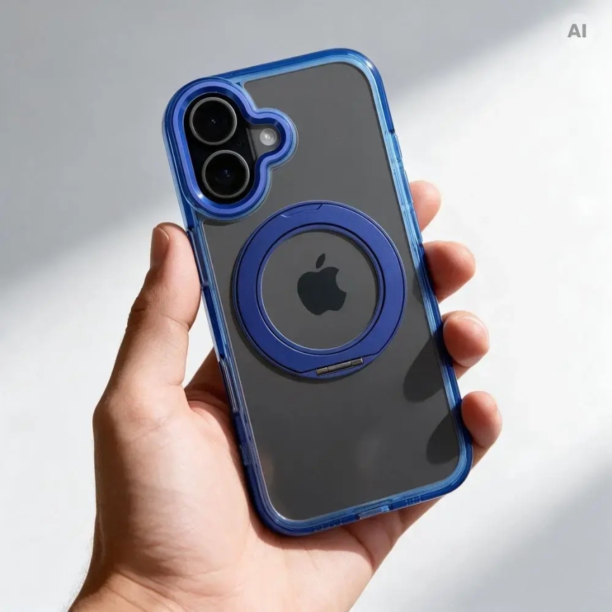 Чехол для iPhone 17 с рамкой, круглой подставкой, совместимый с MagSafe, темно-синий – 4