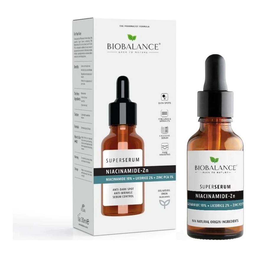 Bio Balance niacinamīds un cinks pretpigmentācijas dienas un nakts sejas serums, 30 ml