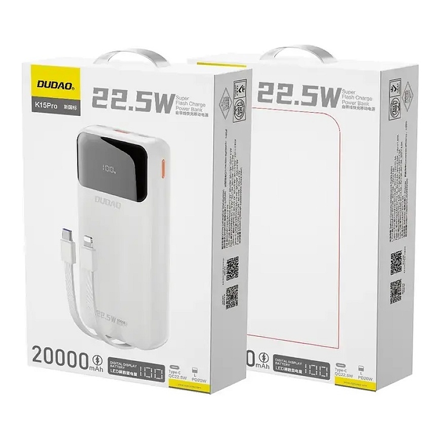 Dudao K15Pro ārējais akumulators (powerbank) | 20 000 mAh | 22.5W | PD | USB-C, USB-A, Lightning | balts – 4