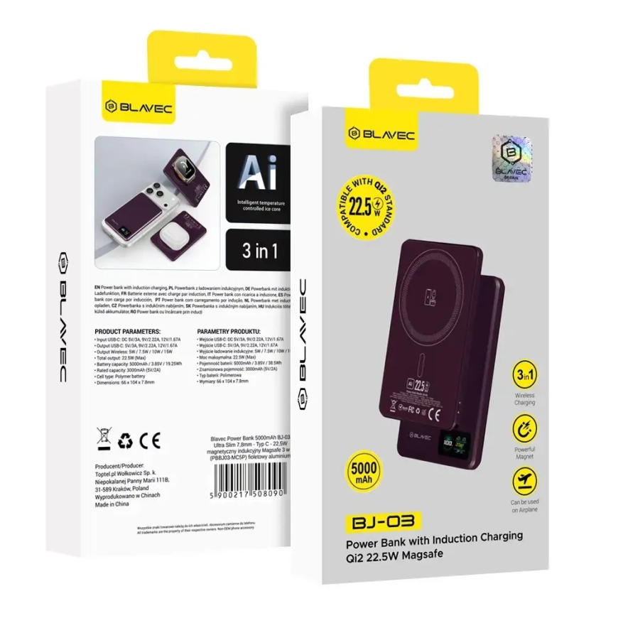 Blavec BJ-03 Ultra Slim 7.8mm 3-in-1 (PBBJ03-MC5O) Power Bank | 5000 mAh | 22.5W | USB-C, MagSafe | violetti – 4