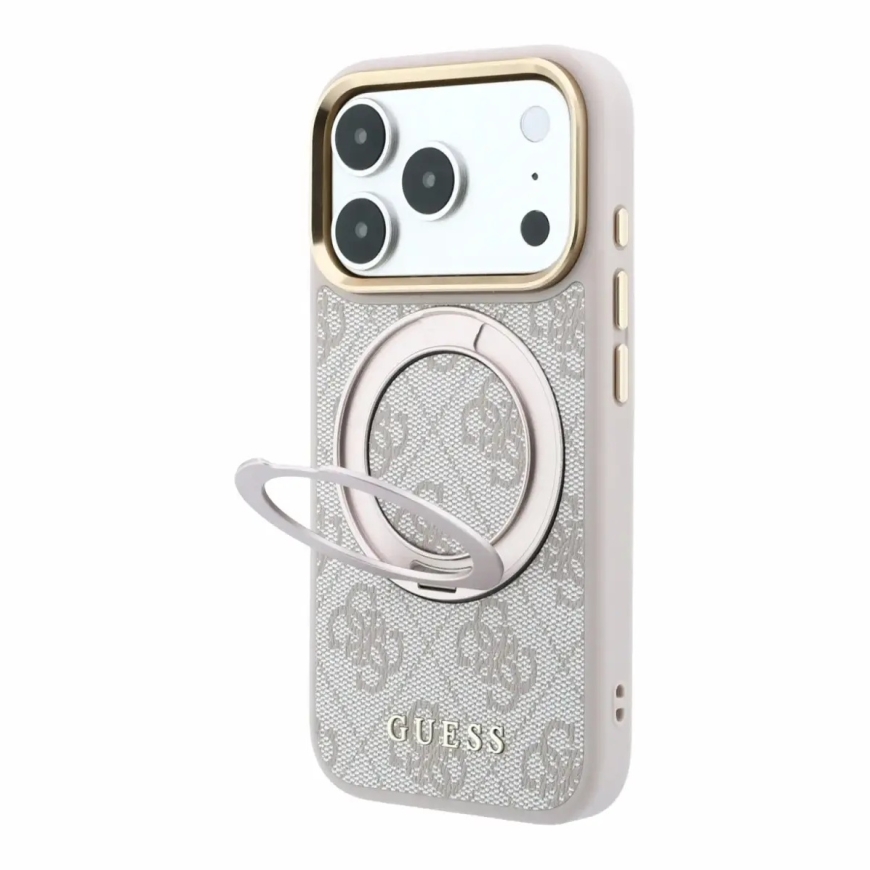 Guess 4G Ring Stand telefoni ümbris alusega ja MagSafe toega iPhone 18 Pro roosa