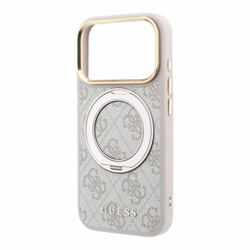 Guess 4G Ring Stand telefoni ümbris alusega ja MagSafe toega iPhone 18 Pro roosa – 4