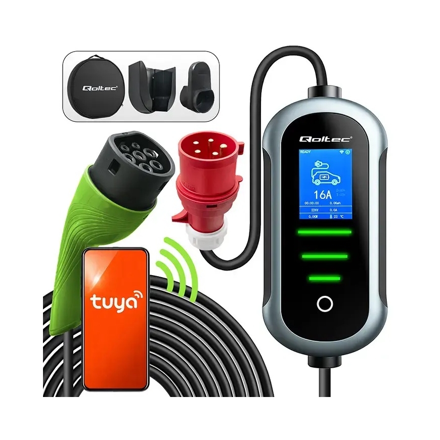 Qoltec Mobile EV elektriauto laadija 2-in-1 Type 2 kohandusega | 11kW | 400V | CEE 16A | Wifi | TUYA | SMART LIFE | LCD | P