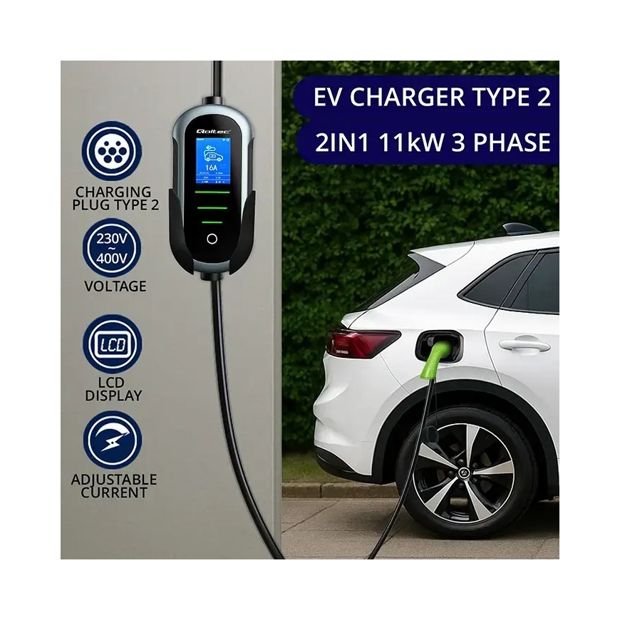 Qoltec Mobile EV elektriauto laadija 2-in-1 Type 2 kohandusega | 11kW | 400V | CEE 16A | Wifi | TUYA | SMART LIFE | LCD | P – 2
