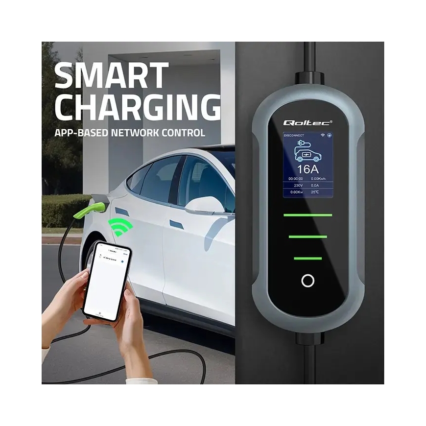 Qoltec Mobile EV -sähkökäyttöisen auton laturi, jossa 2-in-1 Type 2 -säädöksellä | 11kW | 400V | CEE 16A | Wifi | TUYA | SMART L – 3