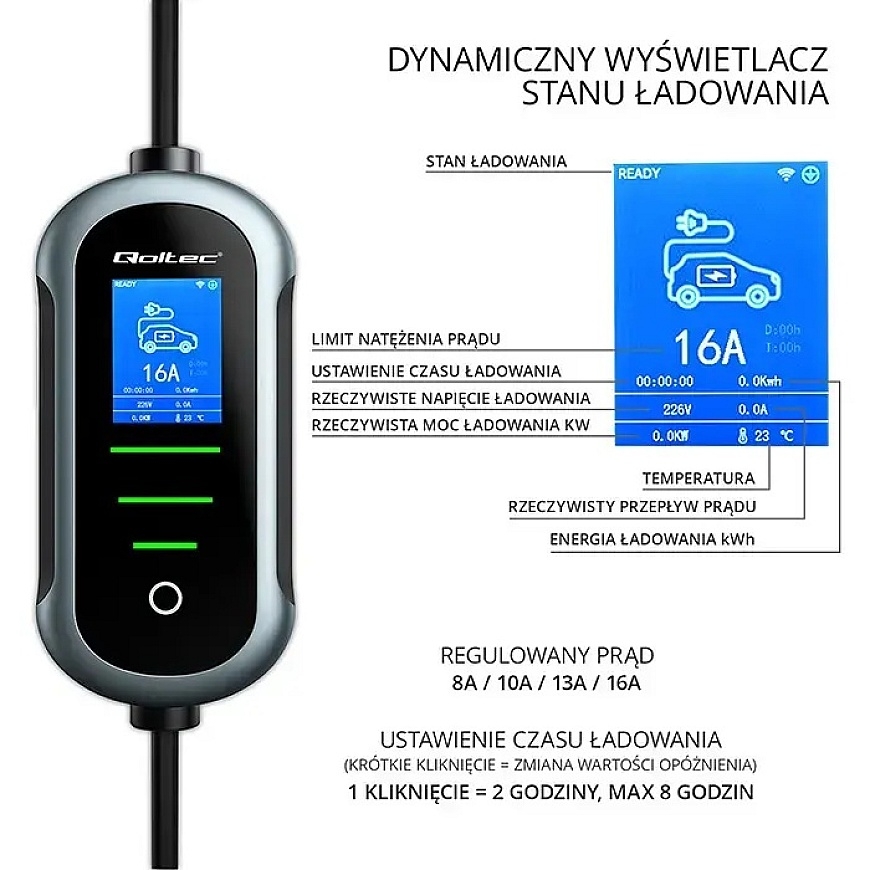 Qoltec Mobile EV elektrisko automobiļu lādētājs ar 2-in-1 Type 2 regulējumu | 11kW | 400V | CEE 16A | Wifi | TUYA | SMART LIFE | – 5