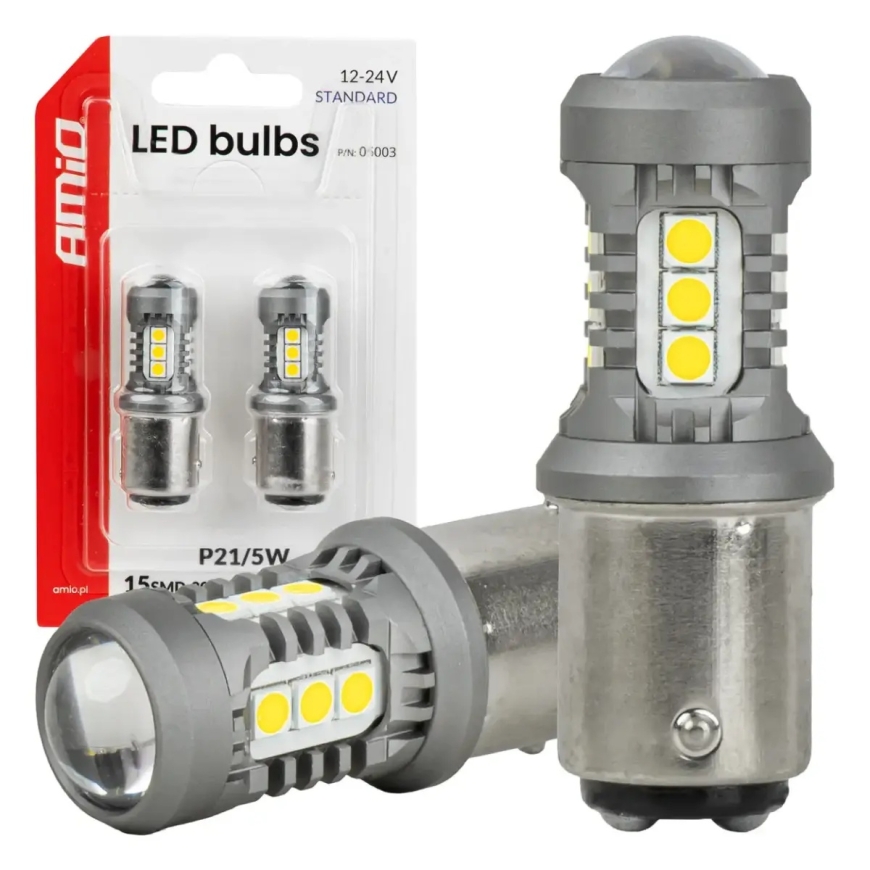 LED lempos STANDARD BAY15D P21/5W 3030 15SMD Balta 12/24V AMIO-05003