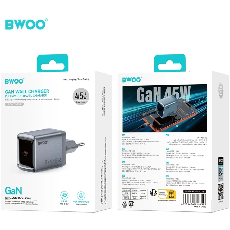 BWOO BO-CDA238 seinälataaja 1xUSB-C 3A PD 45W harmaa PPS:llä – 5