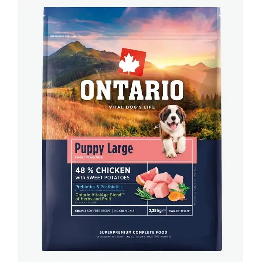 Корм для щенков - Ontario Puppy and Junior Large, курица и сладкий картофель, 2.25 кг