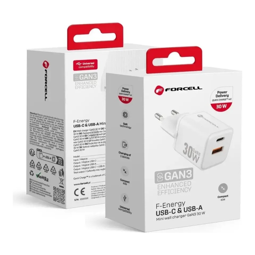 Forcell F-Energy Mini reisilaadija | 30W | PD, QC, GaN | USB-C, USB-A | valge