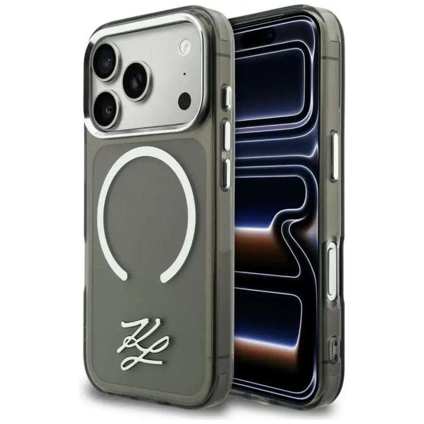 Karl Lagerfeld IML KL Script Logo telefono dėklas su MagSafe palaikymu iPhone 17 Pro juodas