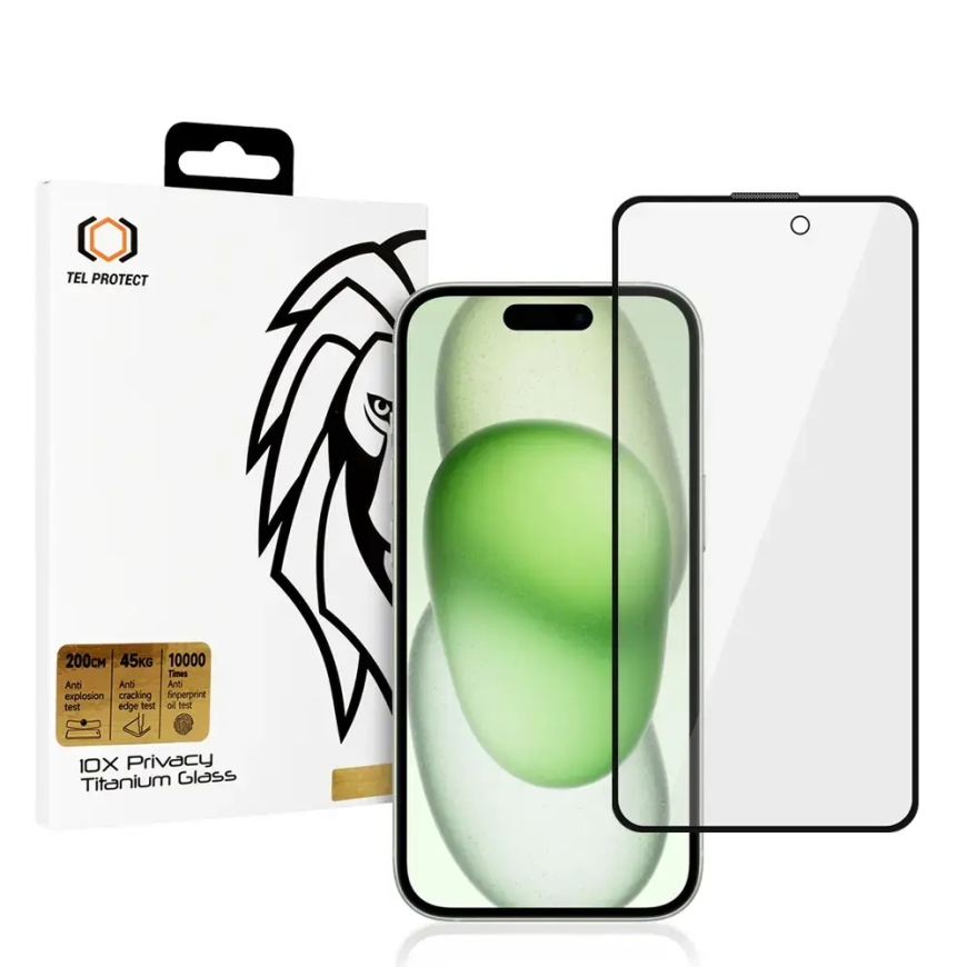 Karkaistu lasi Tel Protect 10X Privacy Titanium Iphone 16:lle