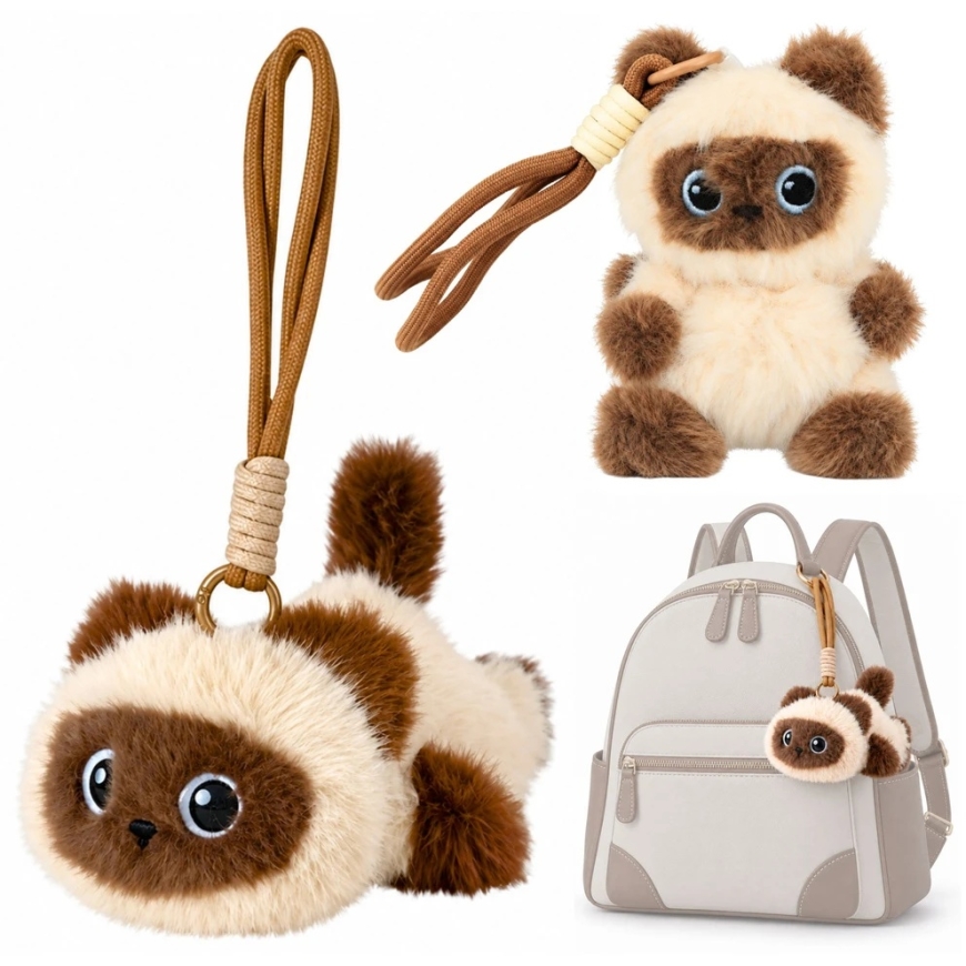 Lean Toys Plush Kitten Keychain with Fastening Loop, Cream and Brown, 12 × 9 × 6 cm