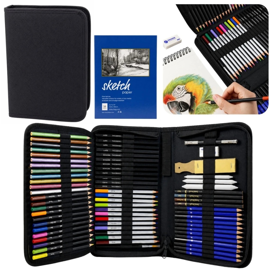 Lean Drawing and Sketching Set in Case, Black, 74 pcs. – 2