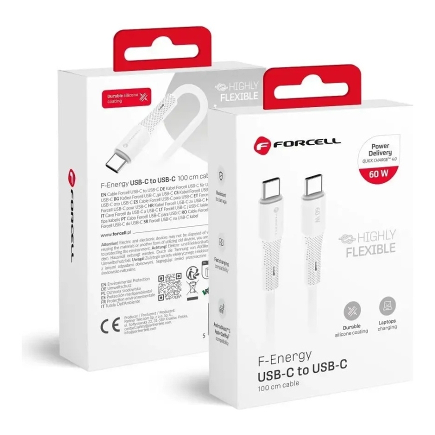 Forcell F-Energy C344 andmeedastus- ja laadimiskaabel | USB-C kuni USB-C | QC 4.0, PD | 60W | 1m | valge