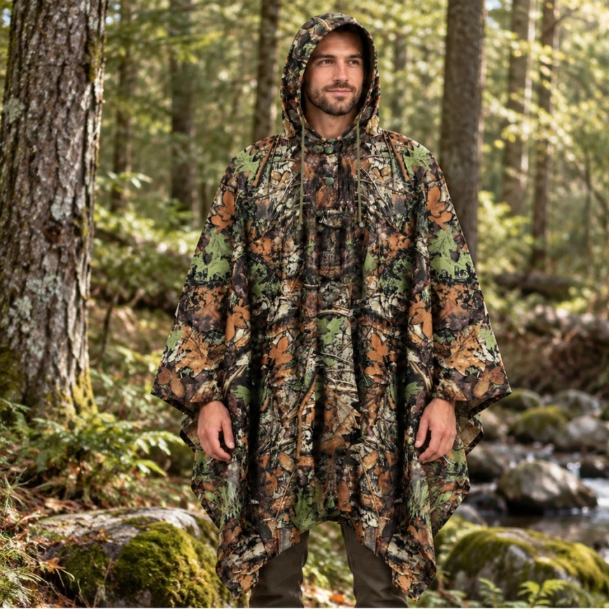 Lean 3D maskējošais pončas ar kapuci, meža kamuflāža, 130 × 110 cm – 4