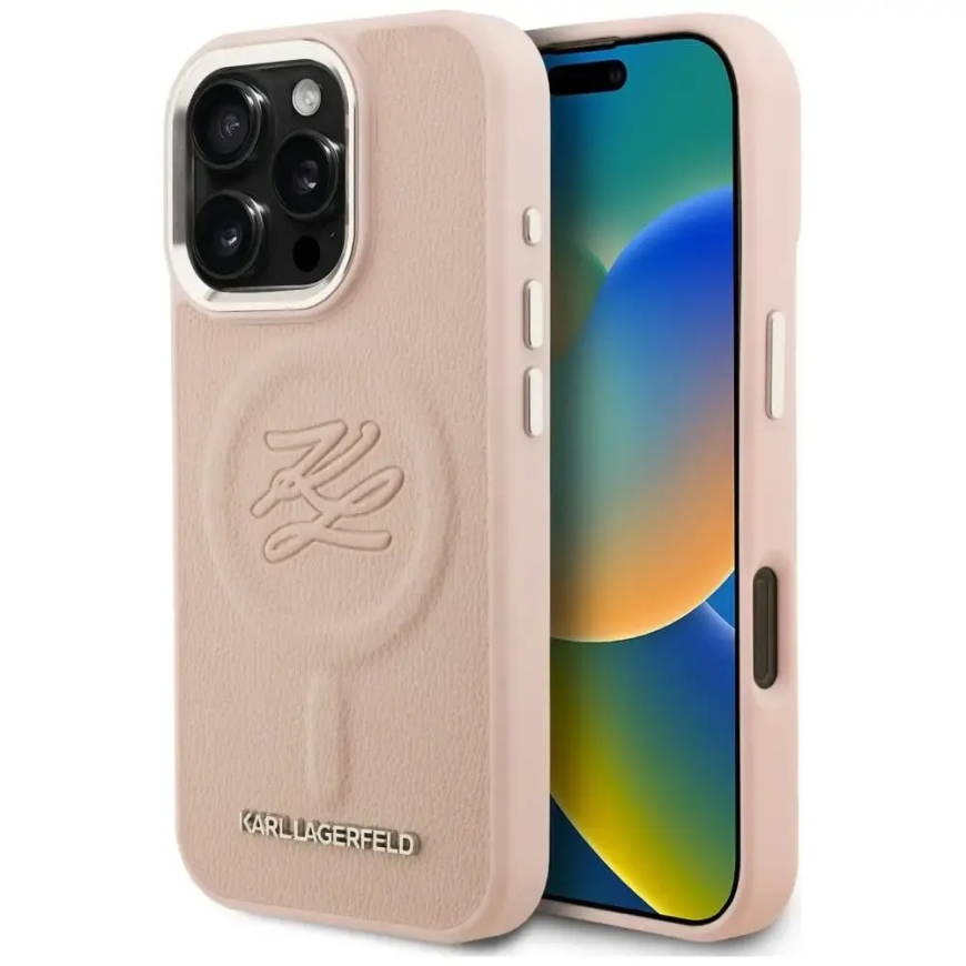 Karl Lagerfeld Initial & Metal Logo telefoni ümbris MagSafe toega iPhone 16 Pro Max roosa