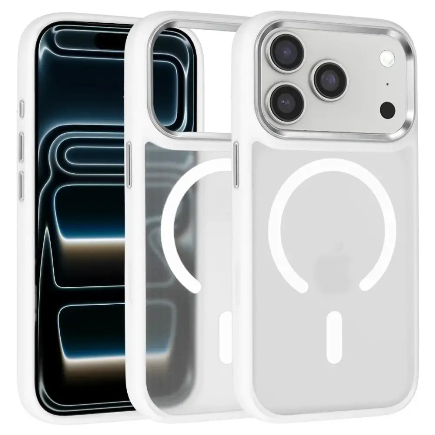 Liavec Cloudy -kotelo metallikamerakehyksellä Iphone 18 Pro Max/17 Pro Max:lle valkoinen (Kameran ohjauspainike)