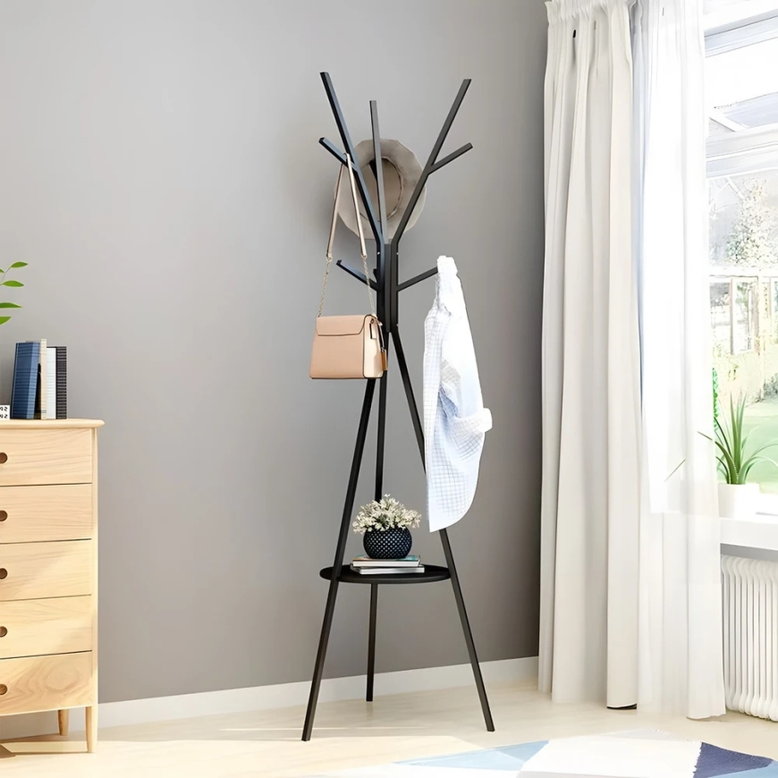 Stāvošs apģērbu pakaramais, metāla, melns, loft stila, 9 āķi, 180 cm – 3