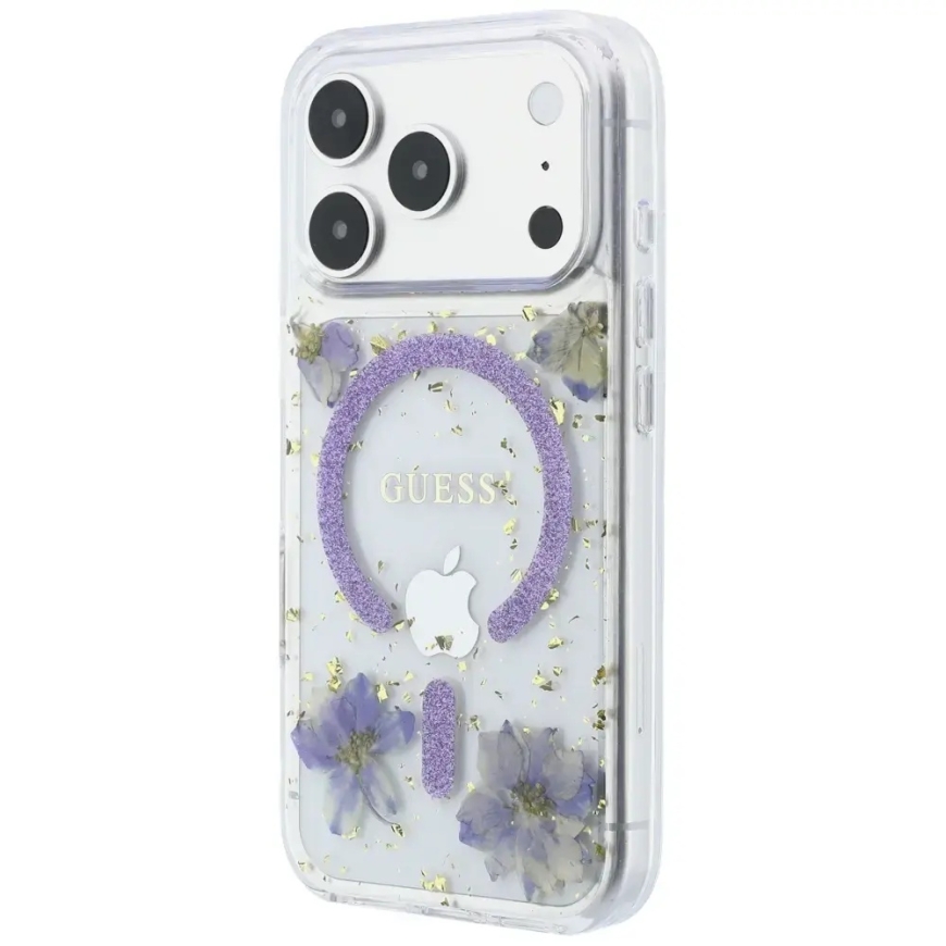 Guess Resin Flowers Glitter MagSafe Case for iPhone 18 Pro / 17 Pro Purple – 2
