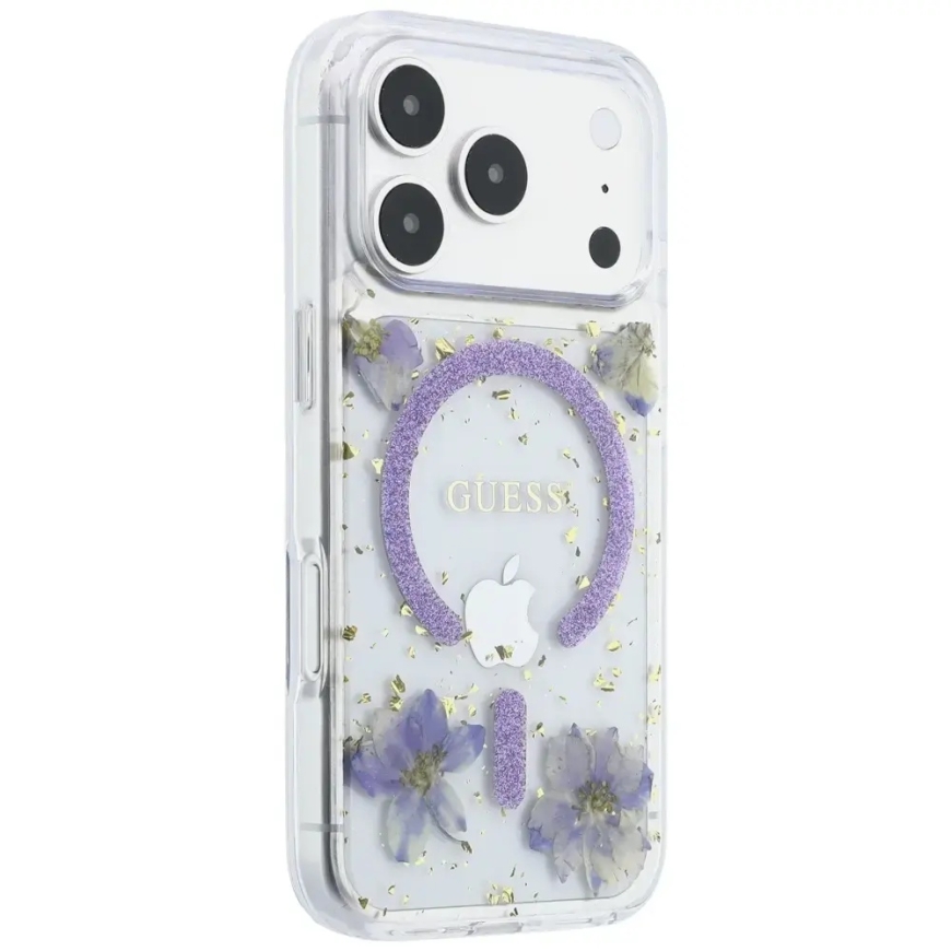 Guess Resin Flowers Glitter MagSafe kaitseümbris iPhone 18 Pro / 17 Pro lilla – 4