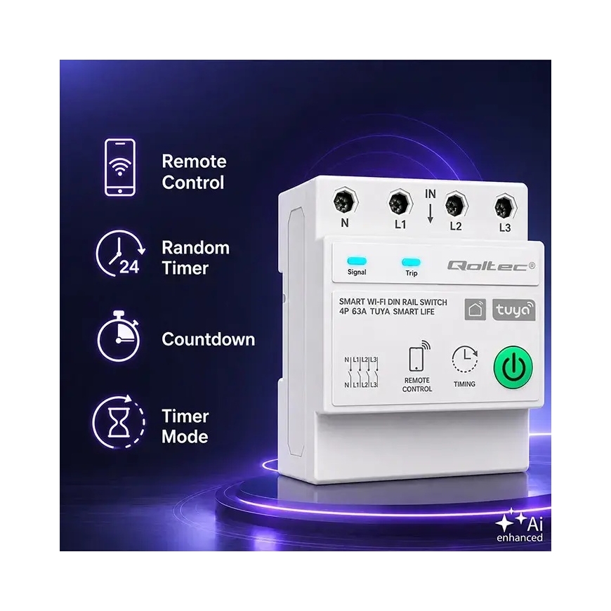 Qoltec trīsfāžu 63A relejs DIN rail | 3P+N | Taimeris | Wi-Fi | Tuya | Smart Life | Amazon Alexa | 4P – 2