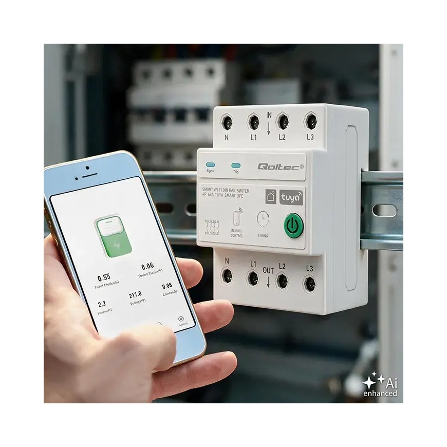 Qoltec trifazis 63A relė DIN bėgiui | 3P+N | Laikmatis | Wi-Fi | Tuya | Smart Life | Amazon Alexa | 4P – 4