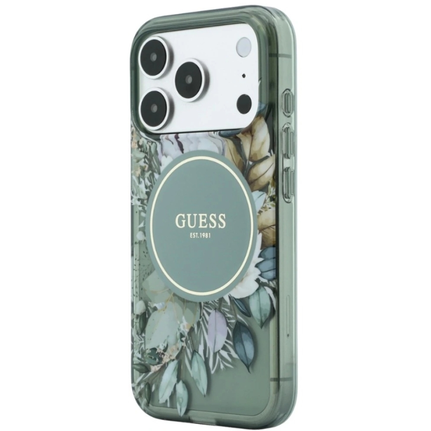 Dėklas Guess IML Flowers Pearl Strap MagSafe iPhone 18 Pro / 17 Pro žalias – 2