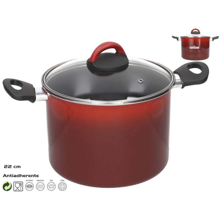 Deep pot with lid, ~6L, 22 cm, Rosso, 30.00 x 22.00 x 24.00 cm,