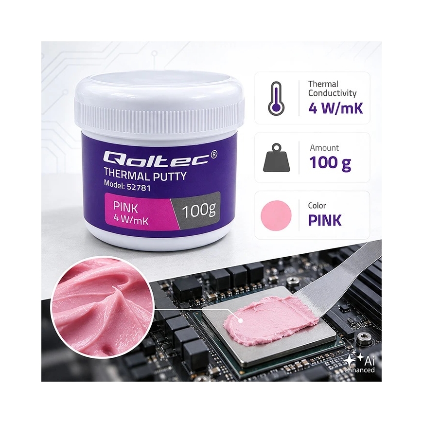 Qoltec kõrge juhtivusega pasta | Termiline mass Thermal Putty 4 W/m-K | 100 g | Roosa – 2