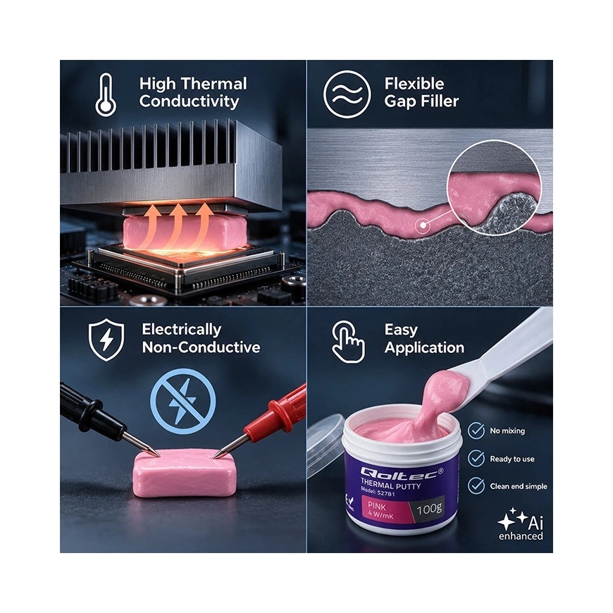 Qoltec augstas vadošās pastas | Siltumizolācijas masa Thermal Putty 4 W/m-K | 100 g | Rozā – 4