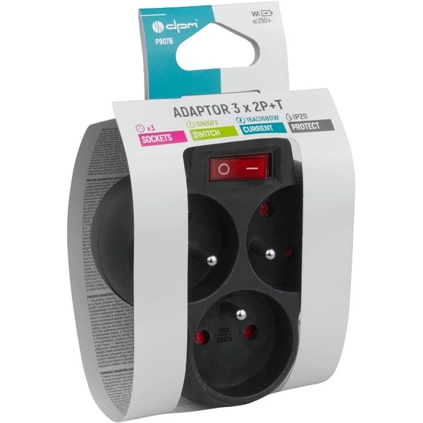 Enerģijas pagarinātājs - DPM 3 izeju enerģijas lente 16A 250V melna – 3