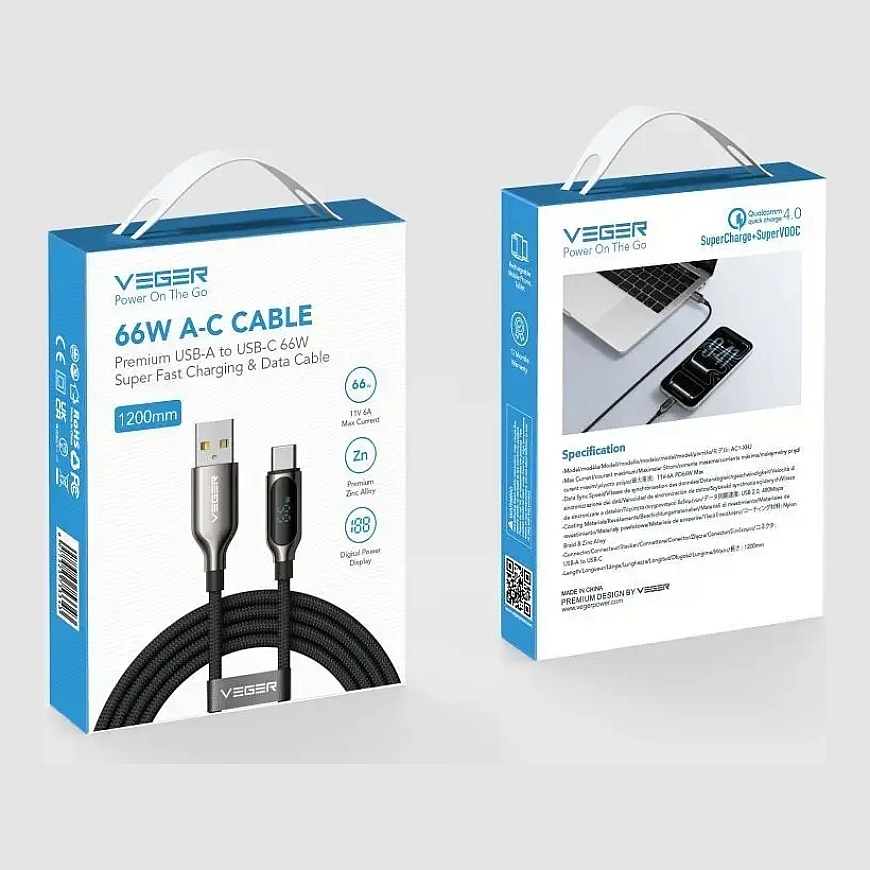 Veger CC1-ZSD andmeedastus- ja laadimiskaabel | USB-C kuni USB-C | PD | 100W | 1.5m | must – 2