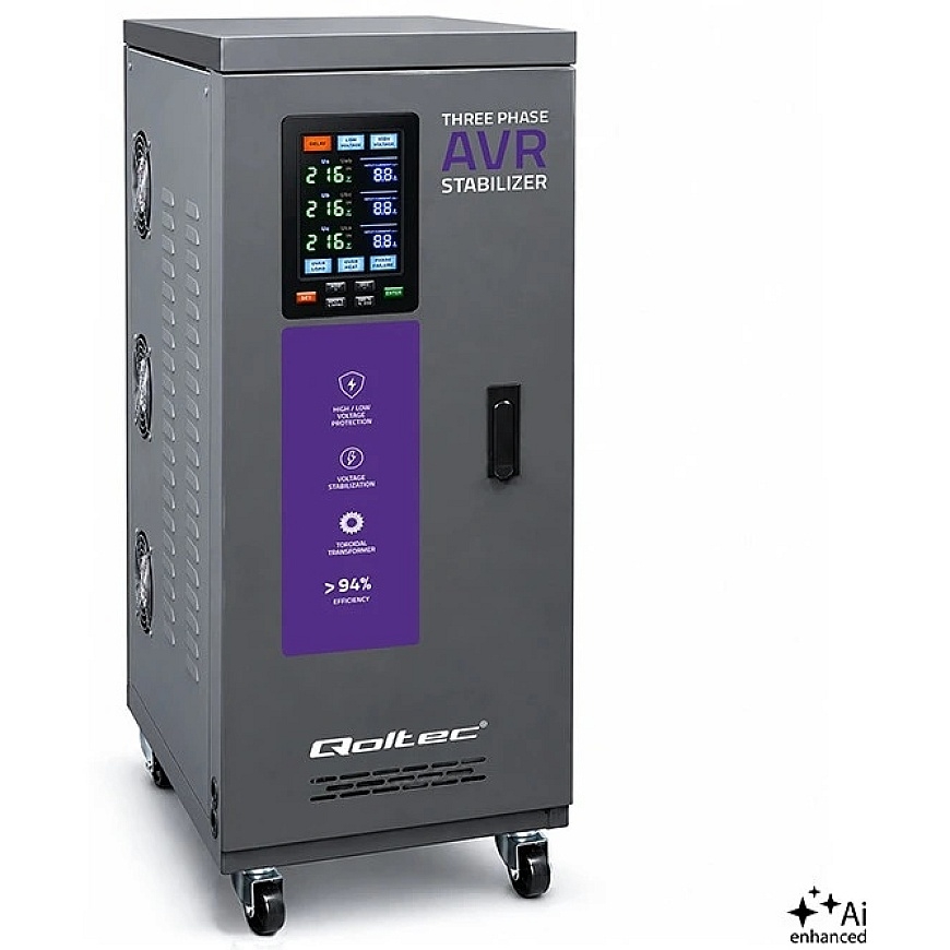 Qoltec Trifazis įtampos stabilizatorius AVR MULTIPROTECTION | 20kVA | Tikslumas ± 3% | Servovariklis 3F | LCD | Expert Line – 2