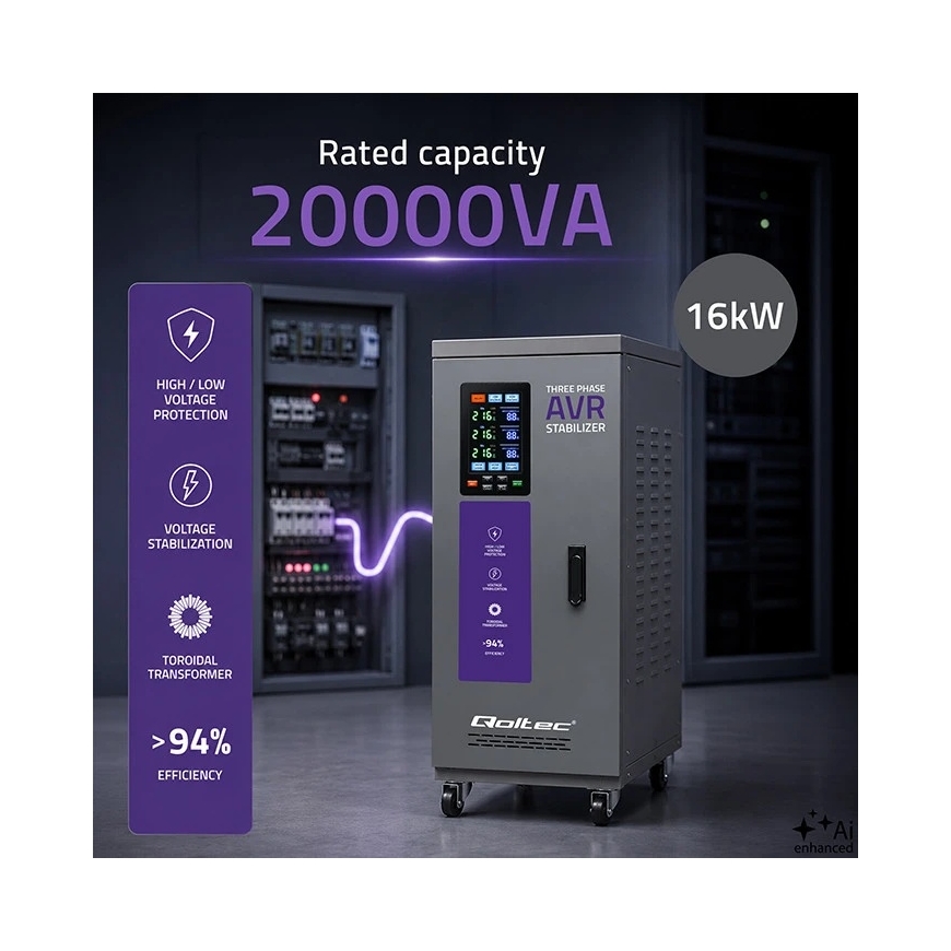 Qoltec Kolmefaasiline pingestabilisaator AVR MULTIPROTECTION | 20kVA | Täpsus ± 3% | Servomootor 3F | LCD | Ekspertliin – 3