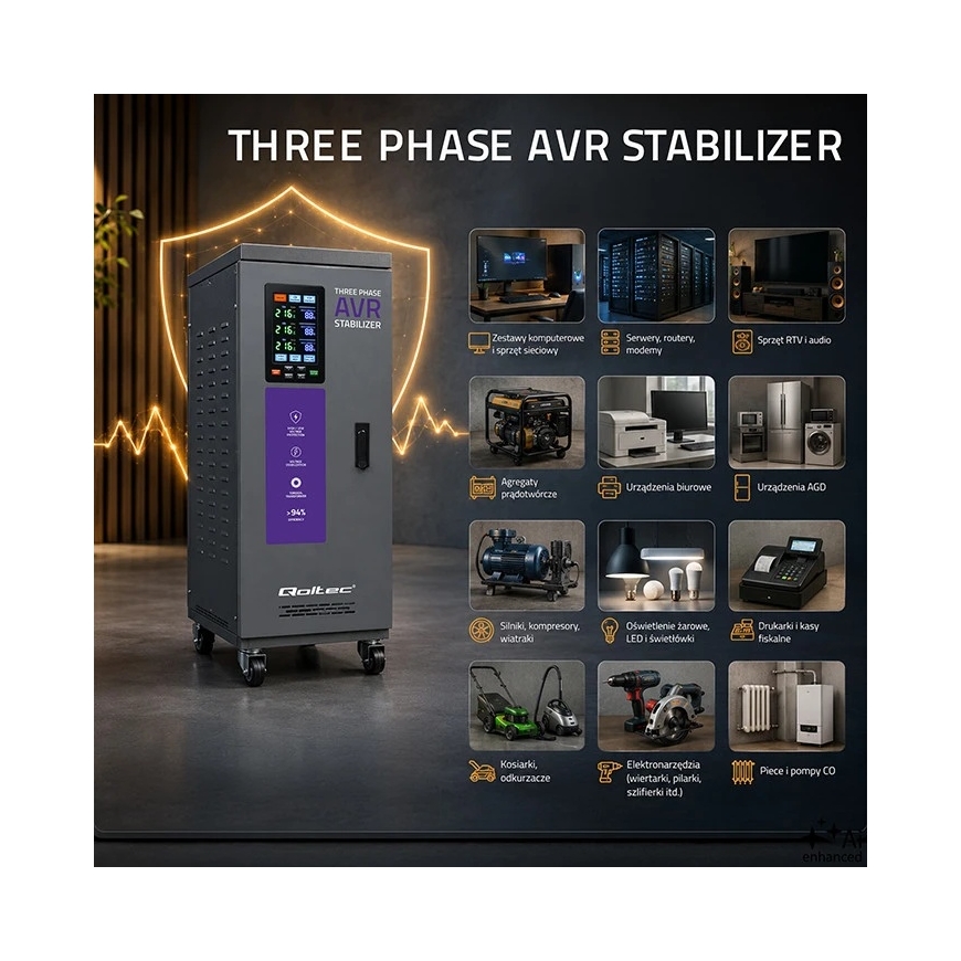 Qoltec Trifazis įtampos stabilizatorius AVR MULTIPROTECTION | 20kVA | Tikslumas ± 3% | Servovariklis 3F | LCD | Expert Line – 4