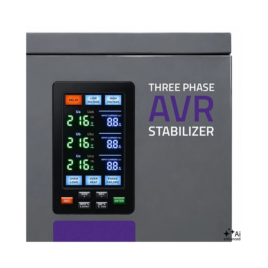 Qoltec Trifazis įtampos stabilizatorius AVR MULTIPROTECTION | 20kVA | Tikslumas ± 3% | Servovariklis 3F | LCD | Expert Line – 5