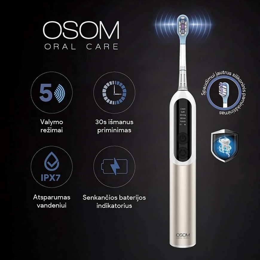 Įkraunamas, elektrinis dantų šepetėlis OSOM Oral Care Sonic Toothbrush OSOMORALM2PROG, auksinės spalvos