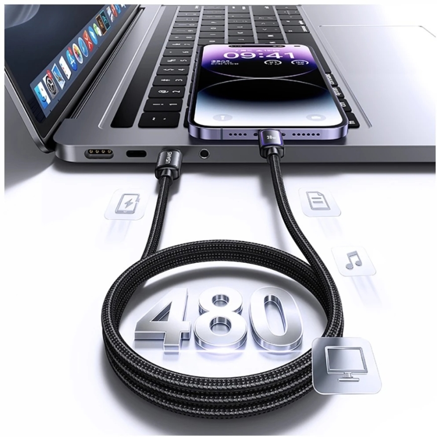 Kabelis USAMS Al-Alloy SJ816 U110 RGB Fast Charging 30W USB-C į Lightning 1,2 m balta – 3