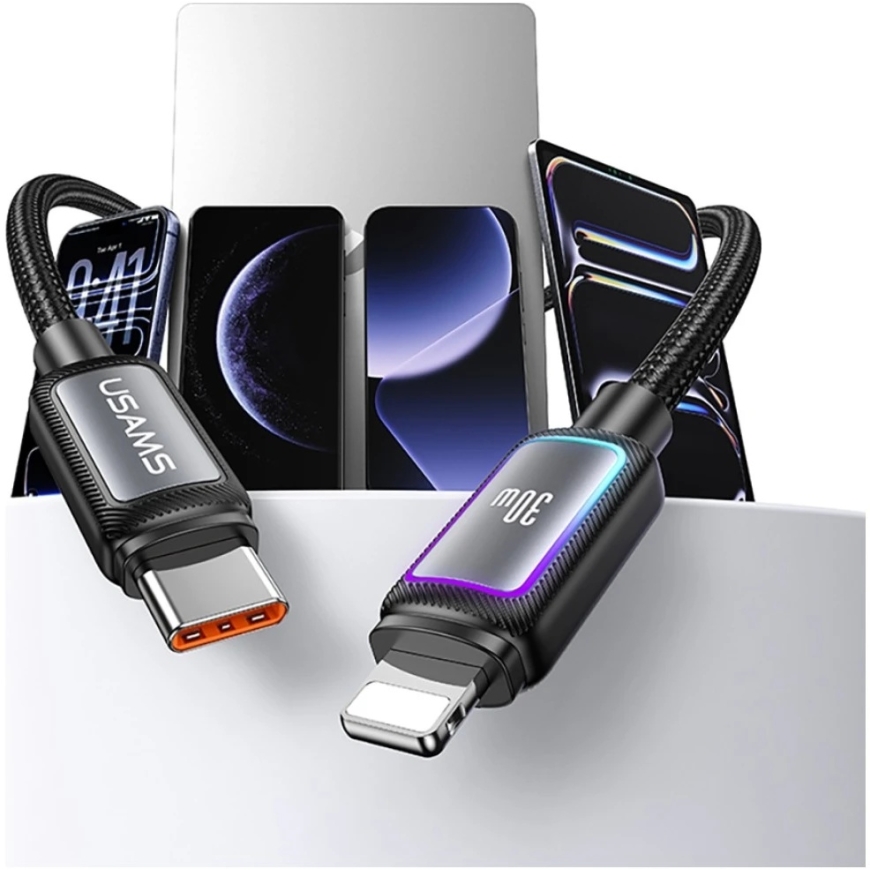 Kabelis USAMS Al-Alloy SJ816 U110 RGB Fast Charging 30W USB-C į Lightning 1,2 m balta – 5