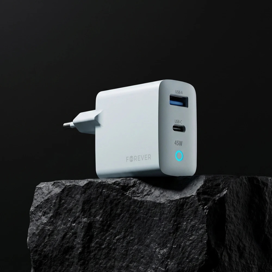 Forever Vibe-TC45AC GaN PD QC lādētājs 1x USB-C 1x USB 45W sudraba – 2
