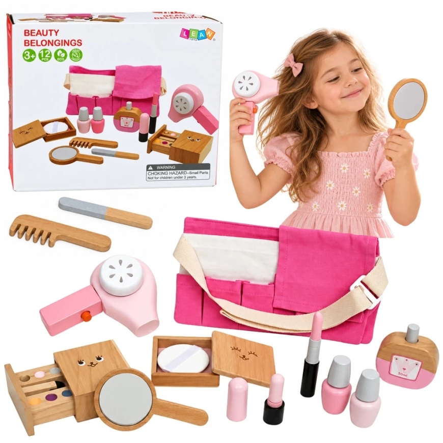 Lean Toys puidust mänguasjakosmeetikakomplekt lastele – 12-osaline komplekt