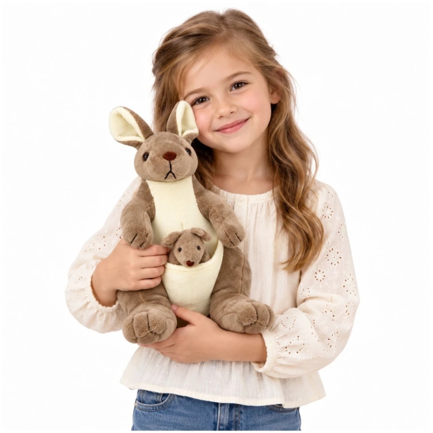 Lean Toys Mīkstā rotaļlieta Kengurs ar mazuli, smilšu krāsā, 30 × 28 × 18 cm – 3