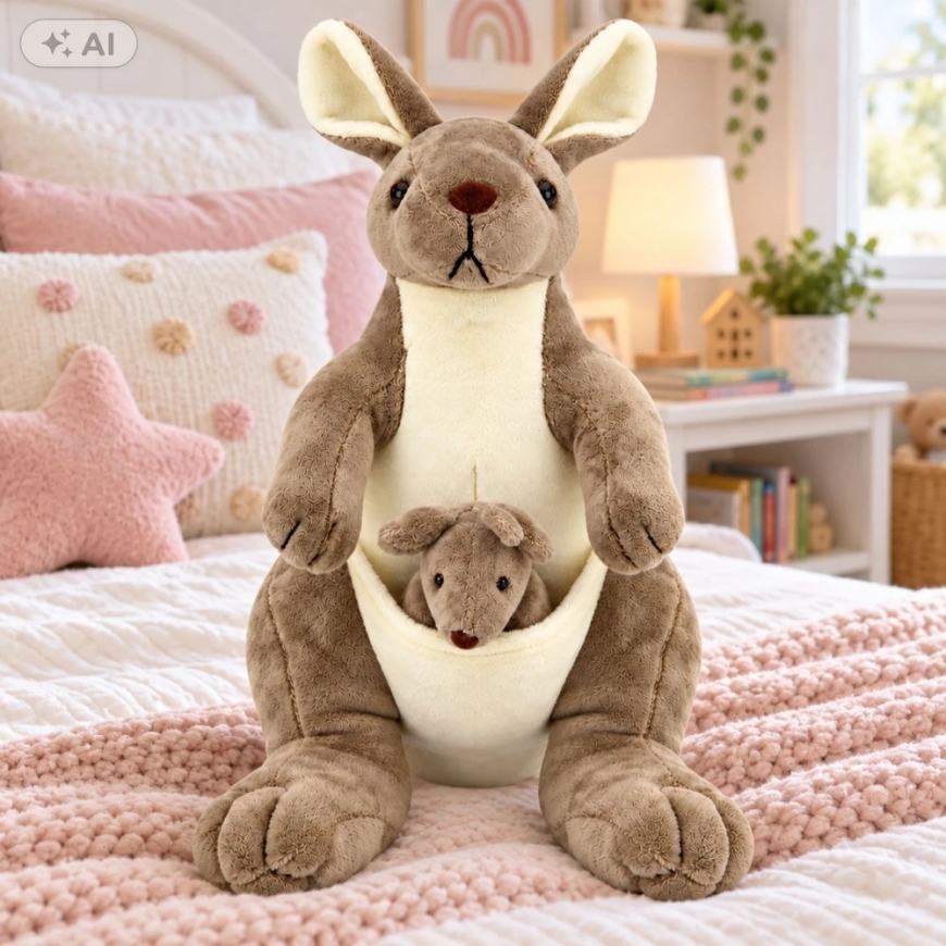 Lean Toys Mīkstā rotaļlieta Kengurs ar mazuli, smilšu krāsā, 30 × 28 × 18 cm – 5